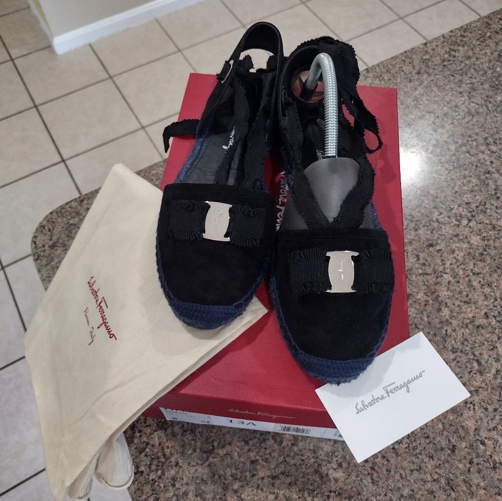 Salvatore Ferragamo Black Suede Espadrilles size 8 m .